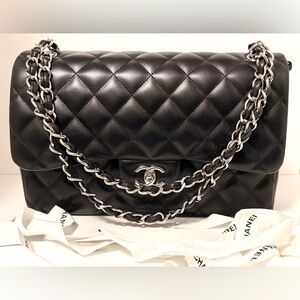 🖤 Authentic Chanel Classic Jumbo Double Flap – Black Lambskin, Silver Hardware